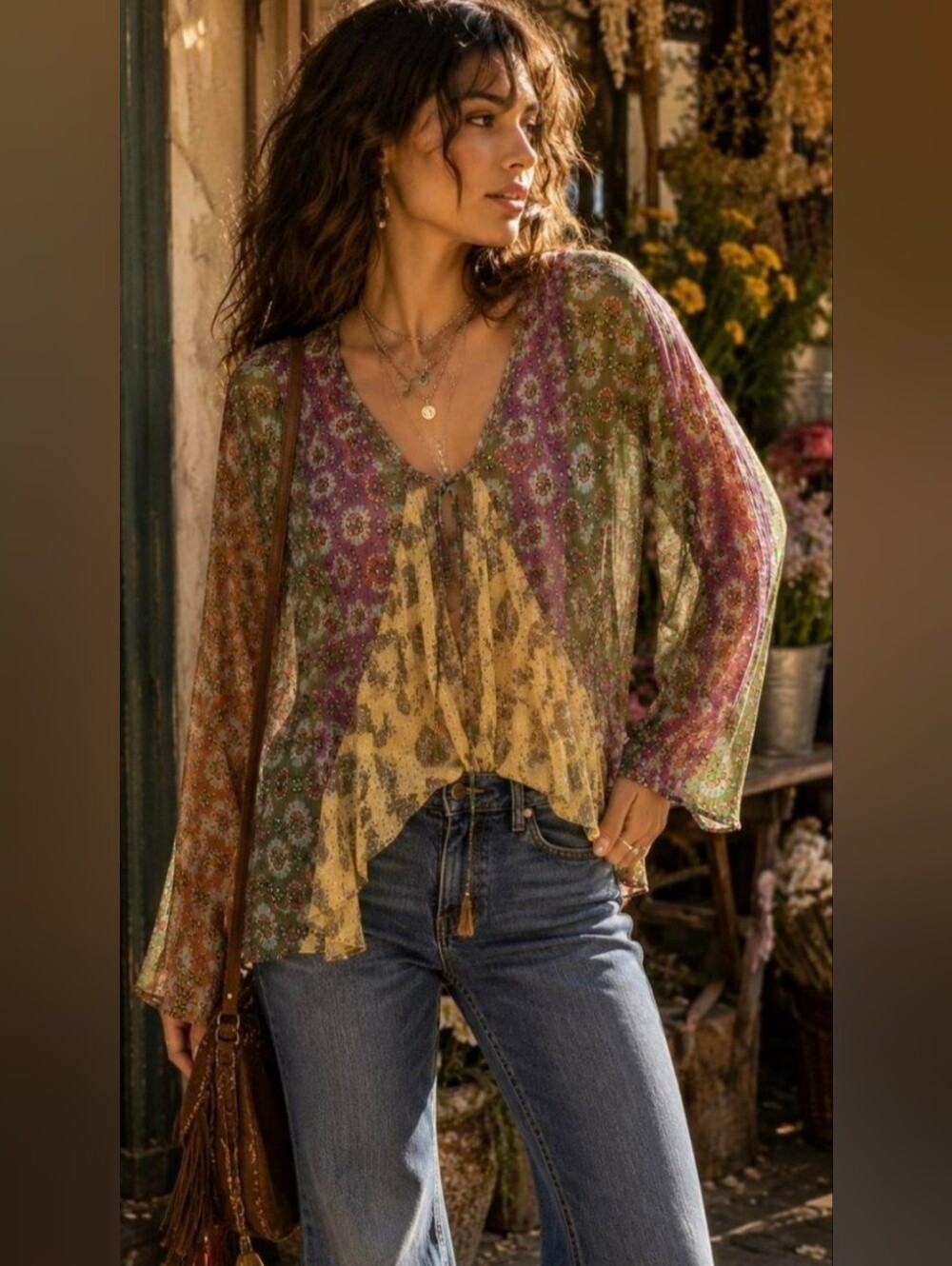 NWT ZARA Green Multicolor Tie Collar Sheer Blouse